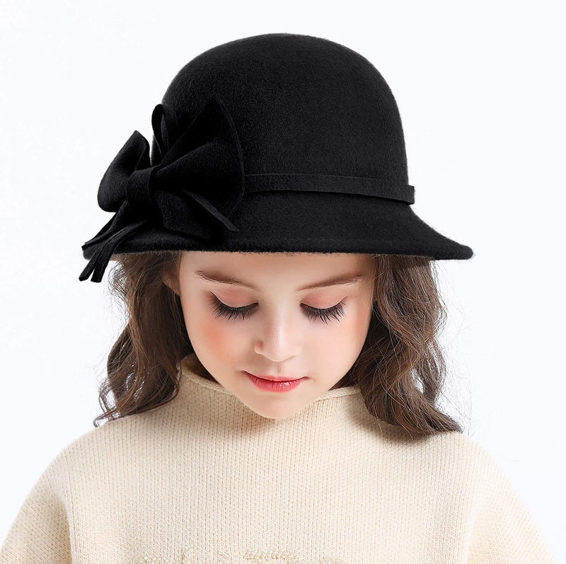 Bienvenu Kids Girls Winter Warm 100% Wool Bucket Hats Fedoras with Bowknot,Black - Image 4